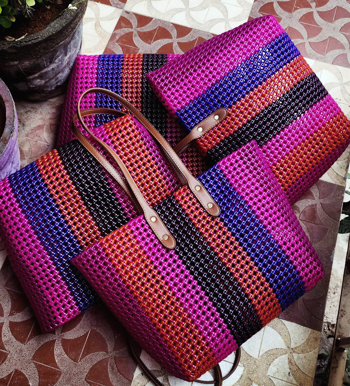 Ramya Market Tote | Handwoven Koodai Bag with Leather Straps