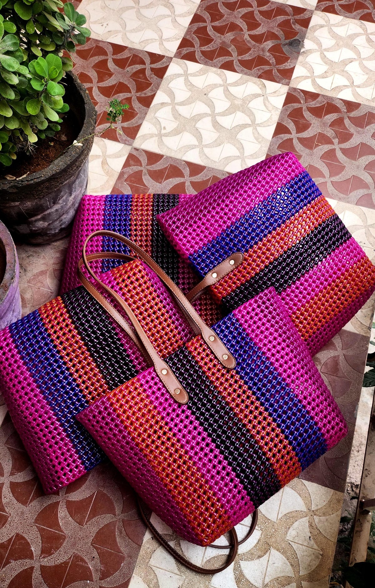Ramya Market Tote | Handwoven Koodai Bag with Leather Straps