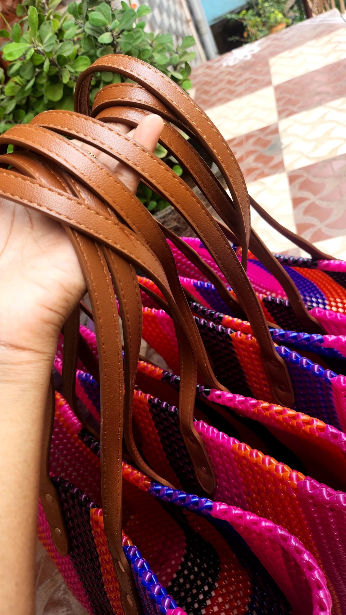 Ramya Market Tote | Handwoven Koodai Bag with Leather Straps
