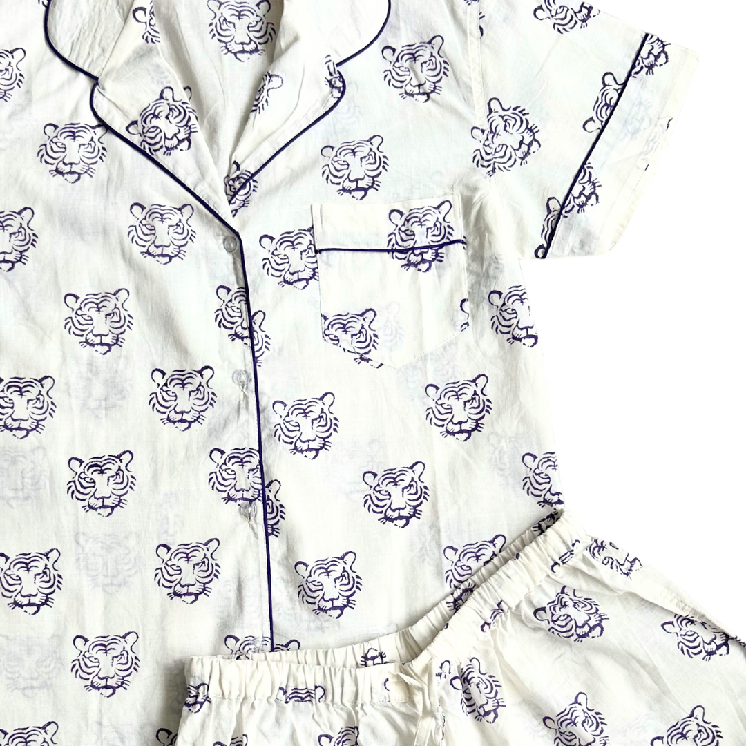 Short Pajama Sets - Purple Tiger Face